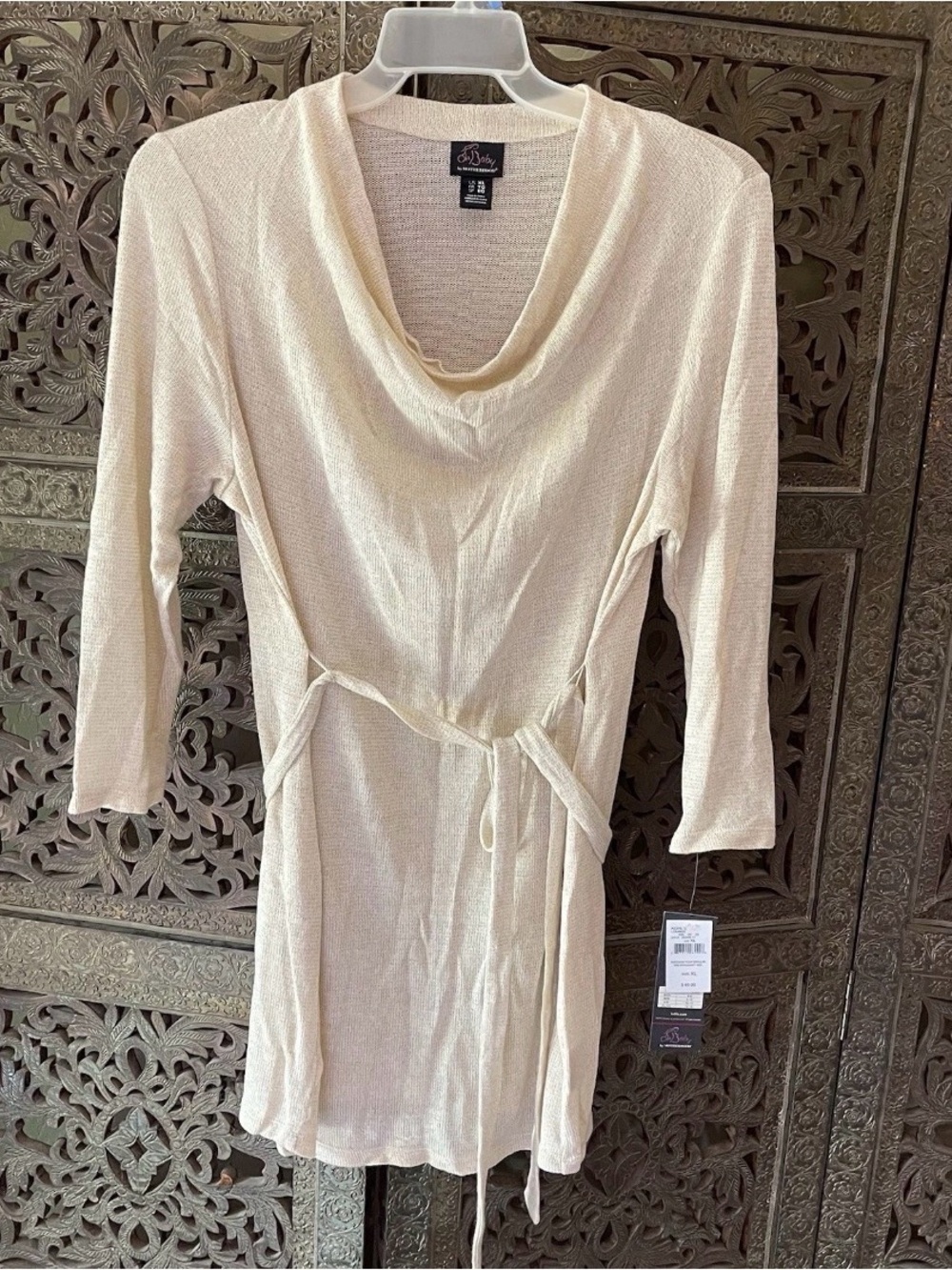 XL MATERNITY Belted Tunic Cowl Neck 3/4 Sleeve Beige NWT Stretches as Baby Grows
